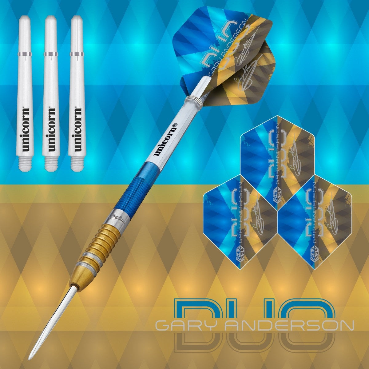 Gary Anderson Duo Steel Tip Darts branded contents image displaying the darts and included accessories alongside Unicorn branding