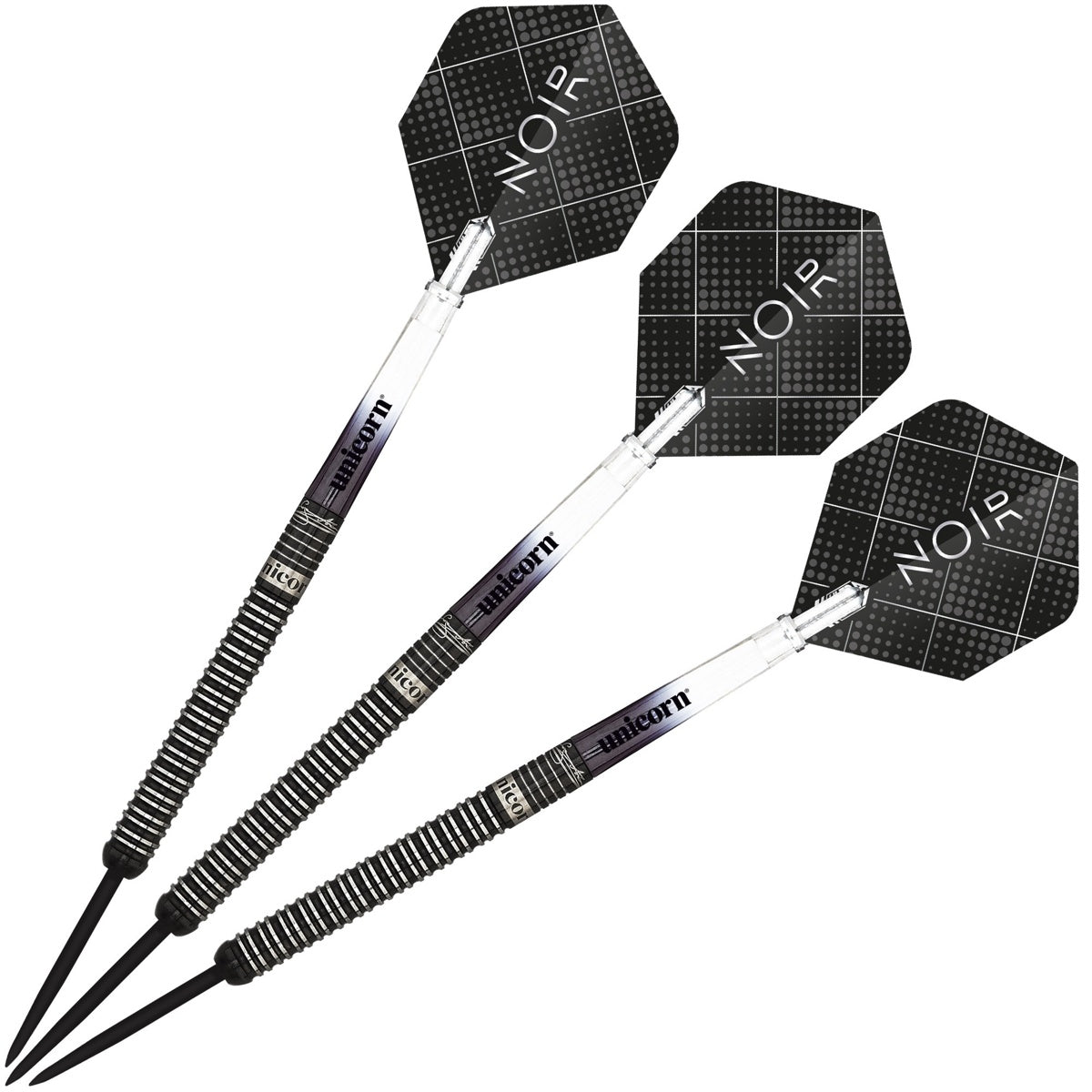Gary Anderson Noir Deluxe Player Edition Phase 3 World Champion Steel Tip Darts image showing the complete three dart set together highlighting barrel design consistency and styling