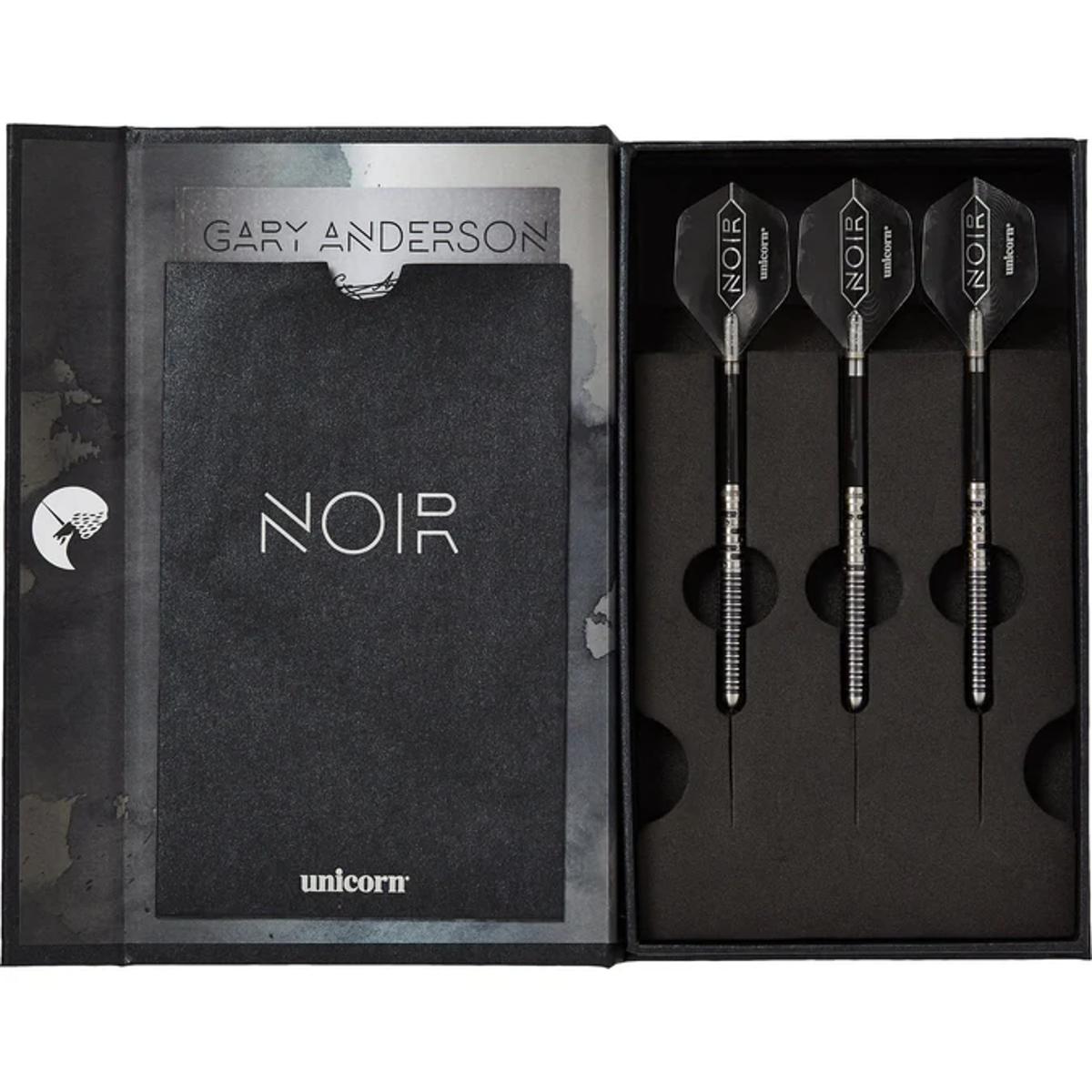 Gary Anderson Noir Phase 5 World Champion Steel Tip Darts inside packaging image showing the presentation layout and contents arrangement within the box