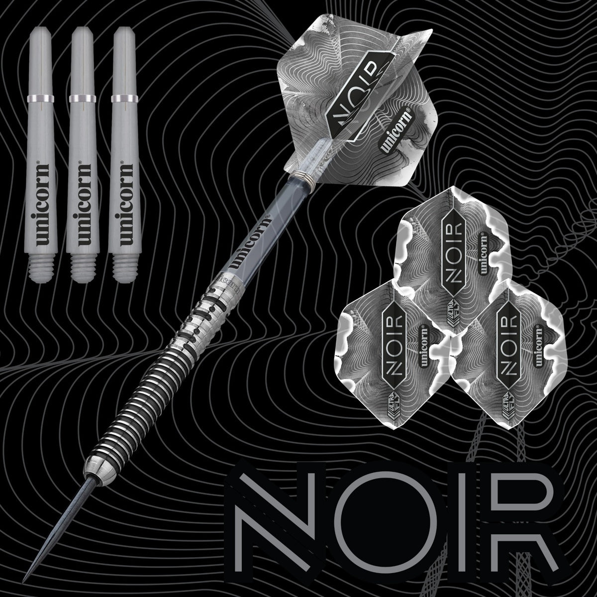 Gary Anderson Noir Phase 5 World Champion Steel Tip Darts branded contents image displaying the darts and included accessories alongside Unicorn branding