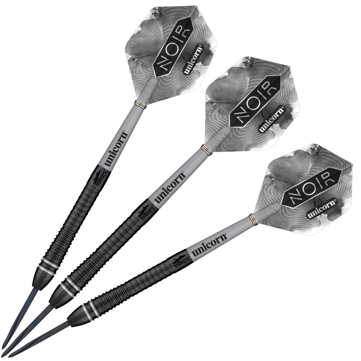 Gary Anderson Noir Phase 6 Steel Tip Darts image showing the complete three dart set together highlighting barrel design consistency and styling
