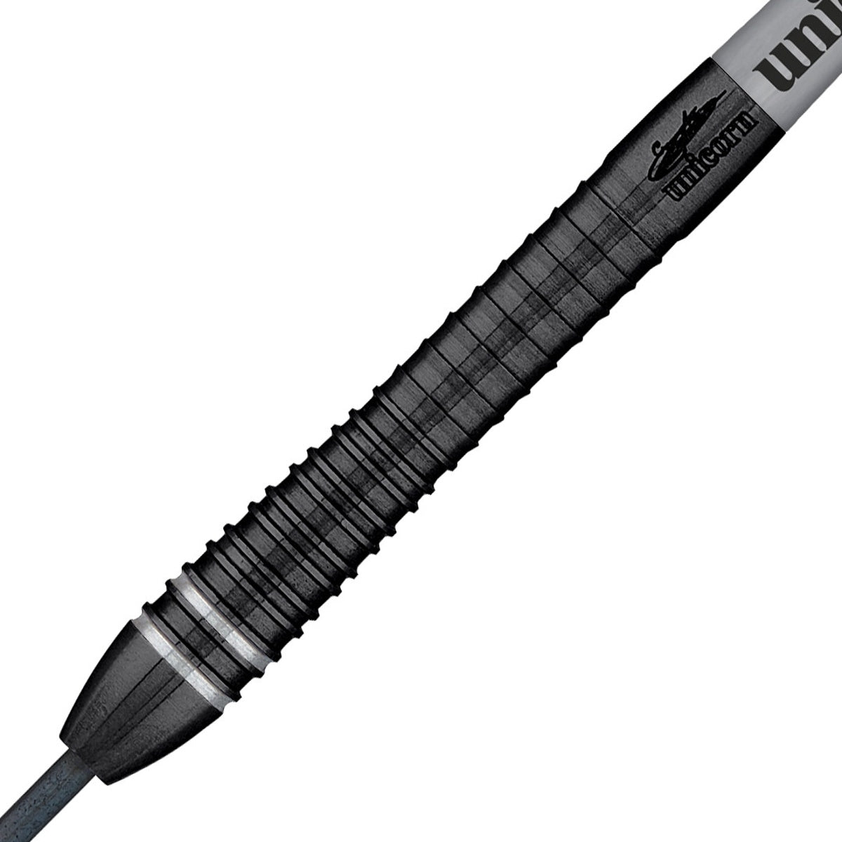 Gary Anderson Noir Phase 6 Steel Tip Darts close up image showing detailed grip patterns, machining, coating, and precision craftsmanship