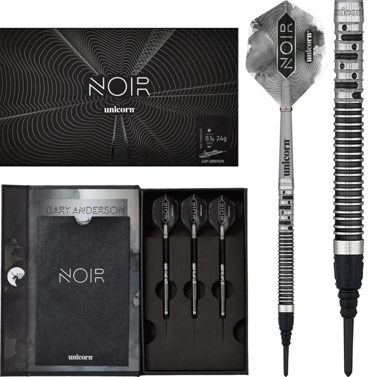 Unicorn Gary Anderson Phase 5 Noir soft tip darts with deluxe packaging and full set view