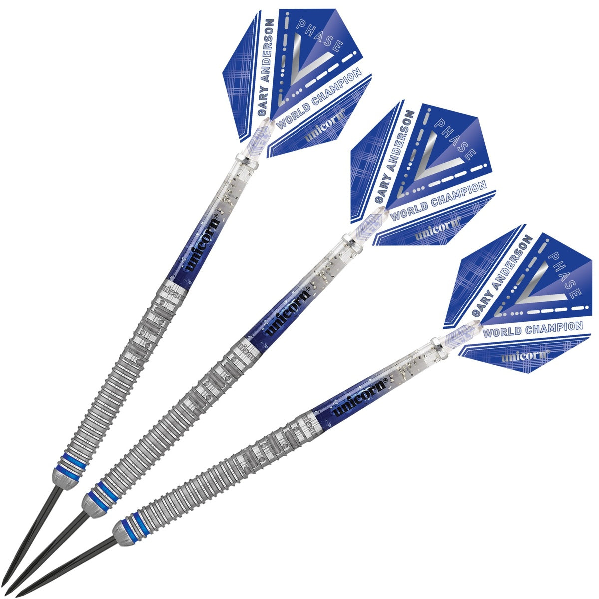 Gary Anderson Phase 5 World Champion Steel Tip Darts image showing the complete three dart set together highlighting barrel design consistency and styling