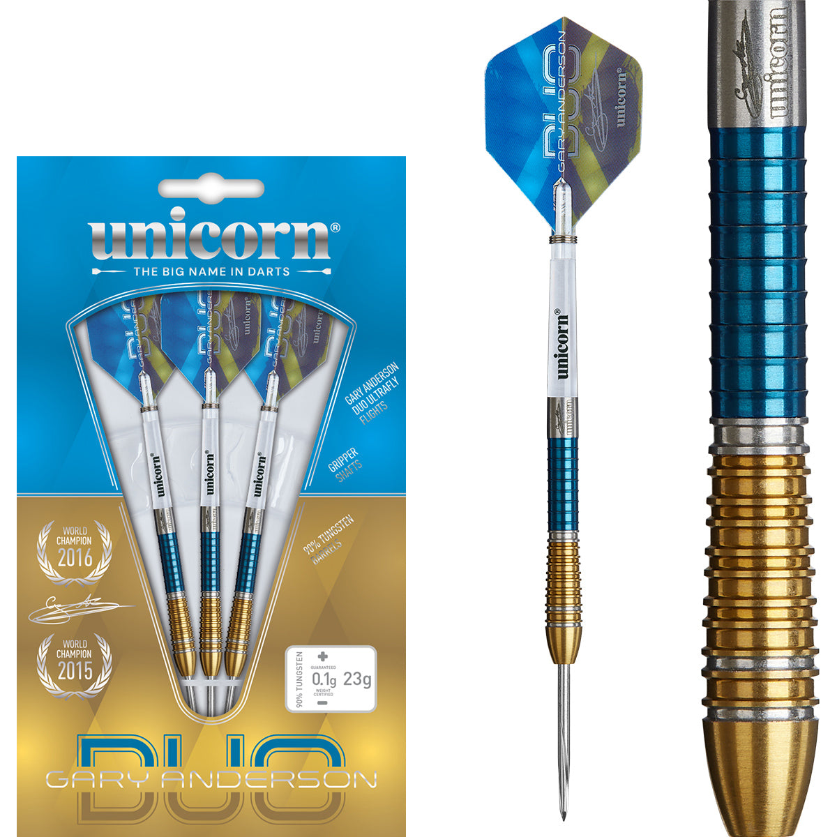 Gary Anderson Phase 6 Duo Steel Tip Darts main product image showing the darts, packaging, flights, shafts, and included accessories