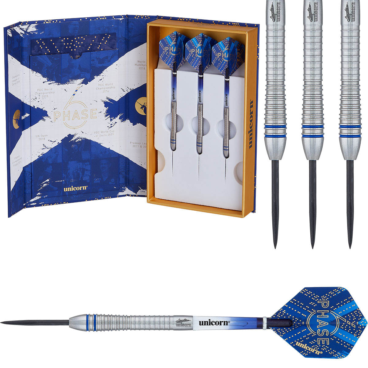 Gary Anderson Phase 6 World Champion Steel Tip Darts main product image showing the darts, packaging, flights, shafts, and included accessories
