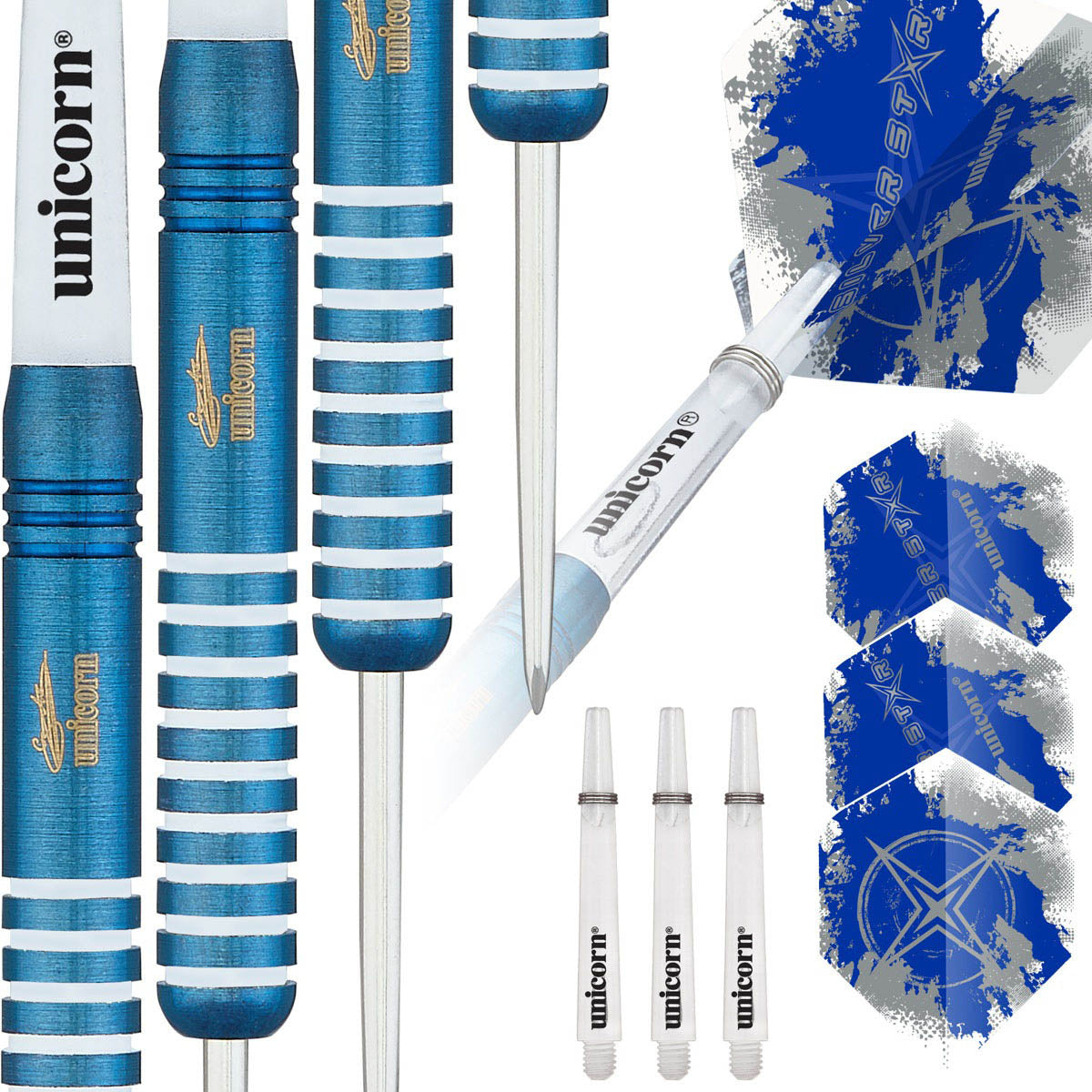 Gary Anderson Silver Star Blue Steel Tip Darts contents image displaying everything included inside the package