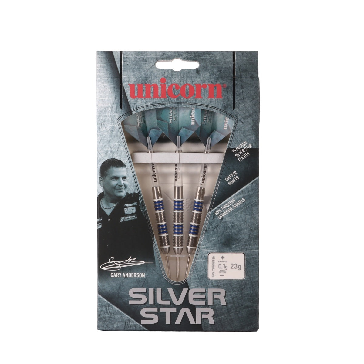 Gary Anderson Silver Star Style 4 Steel Tip Darts main product image showing the darts, packaging, flights, shafts, and included accessories