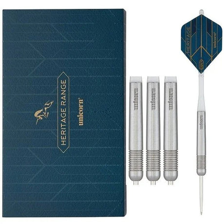 Unicorn Heritage 1976 T90 darts set with heritage box and silver knurled barrels – a nod to Unicorn’s original T90 design.