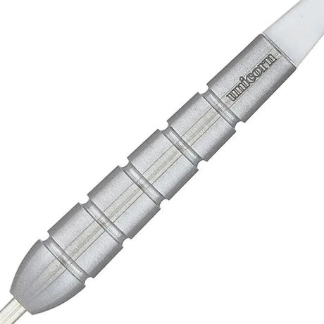 Detailed close-up of the Unicorn Heritage 1983 Cliff Lazarenko dart barrel with smooth grip and engraved Unicorn logo.