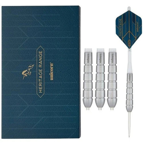 Unicorn Heritage 1983 Cliff Lazarenko darts set with classic box and barrels – precision steel tip darts inspired by Big Cliff.