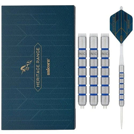 Unicorn Heritage 1985 Maestro darts set with display box and barrels – premium steel tip darts for serious players.