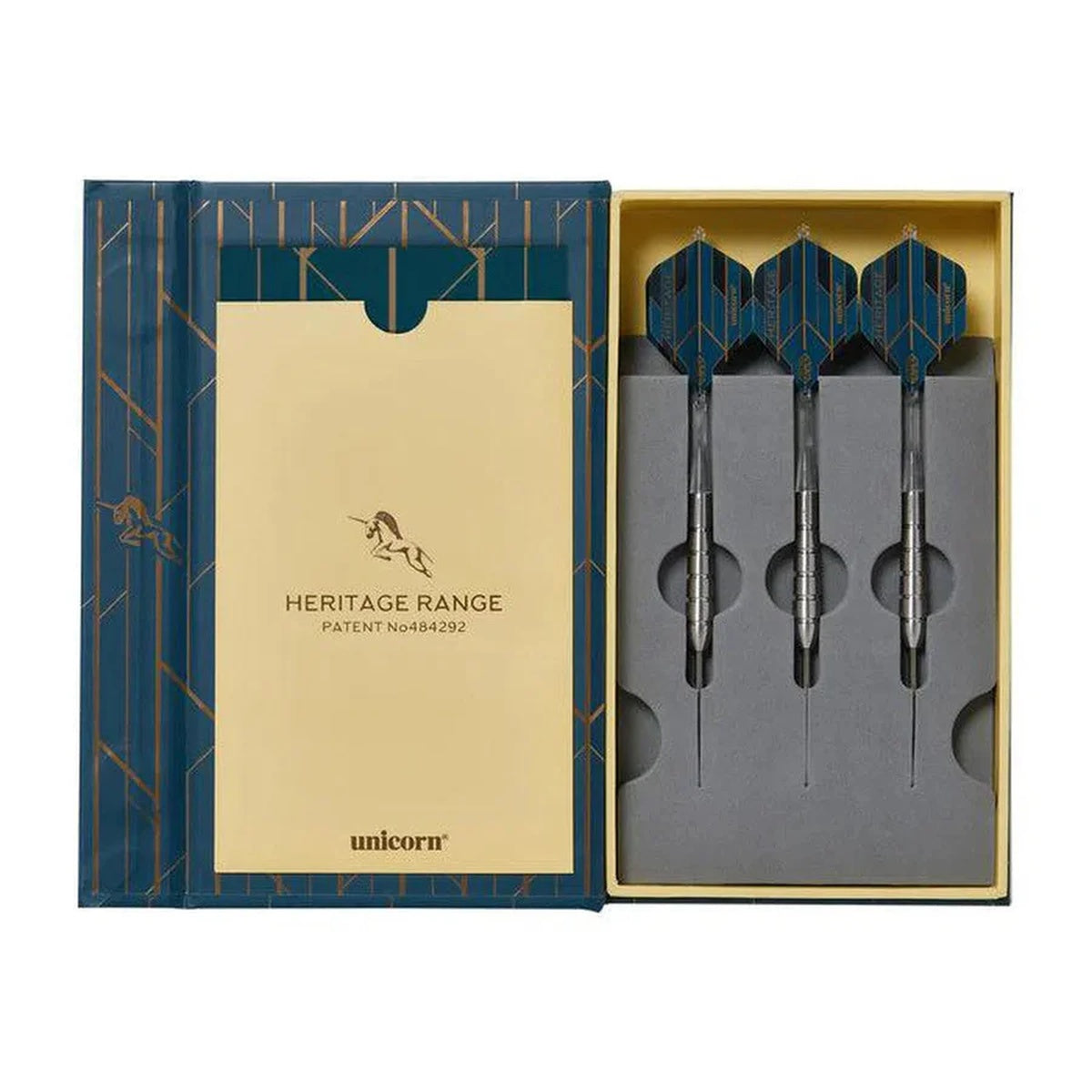 Heritage Cliff Lazarenko Steel Tip Darts inside packaging image showing the presentation layout and contents arrangement within the box