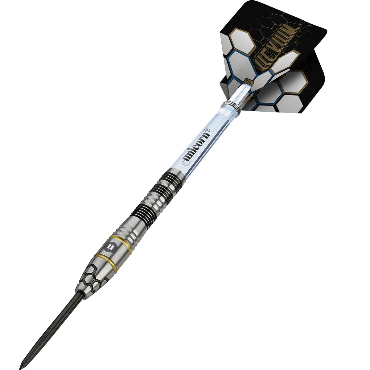 Hexium 1 Steel Tip Darts angled product image displaying the barrel profile, grip layout, and design features
