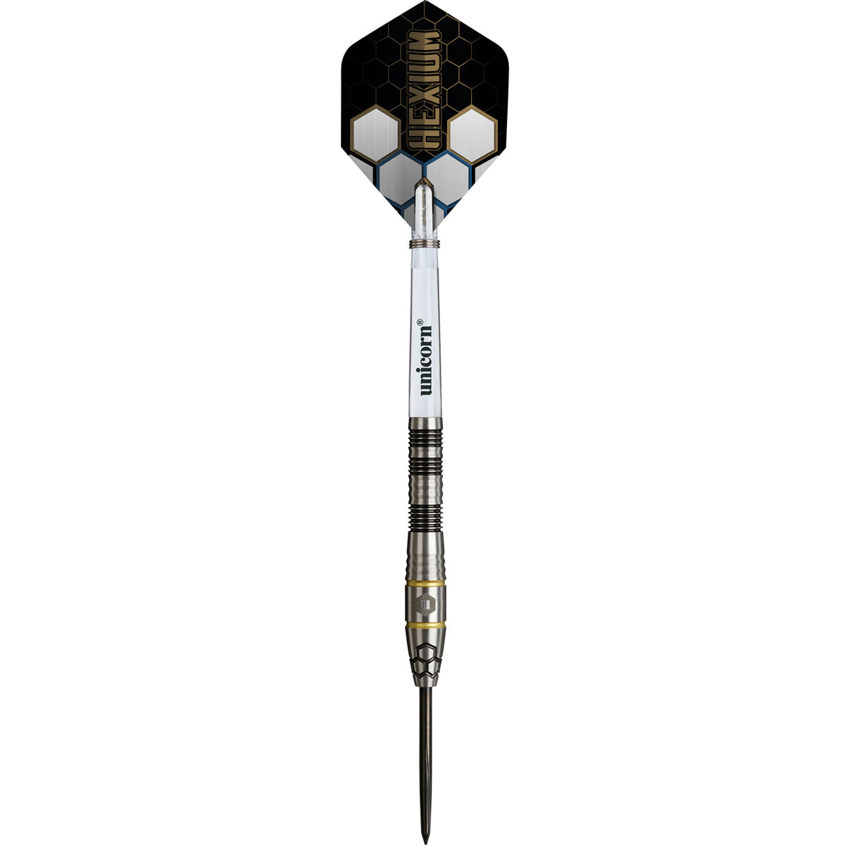 Hexium 1 Steel Tip Darts straight barrel profile image showing the full length design, grip positioning, and barrel geometry