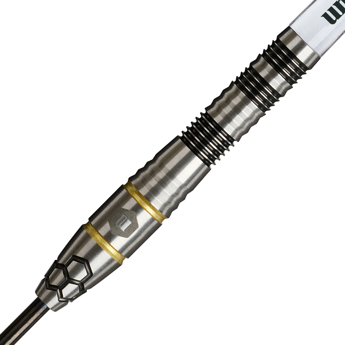 Hexium 1 Steel Tip Darts close up image showing detailed grip patterns, machining, coating, and precision craftsmanship