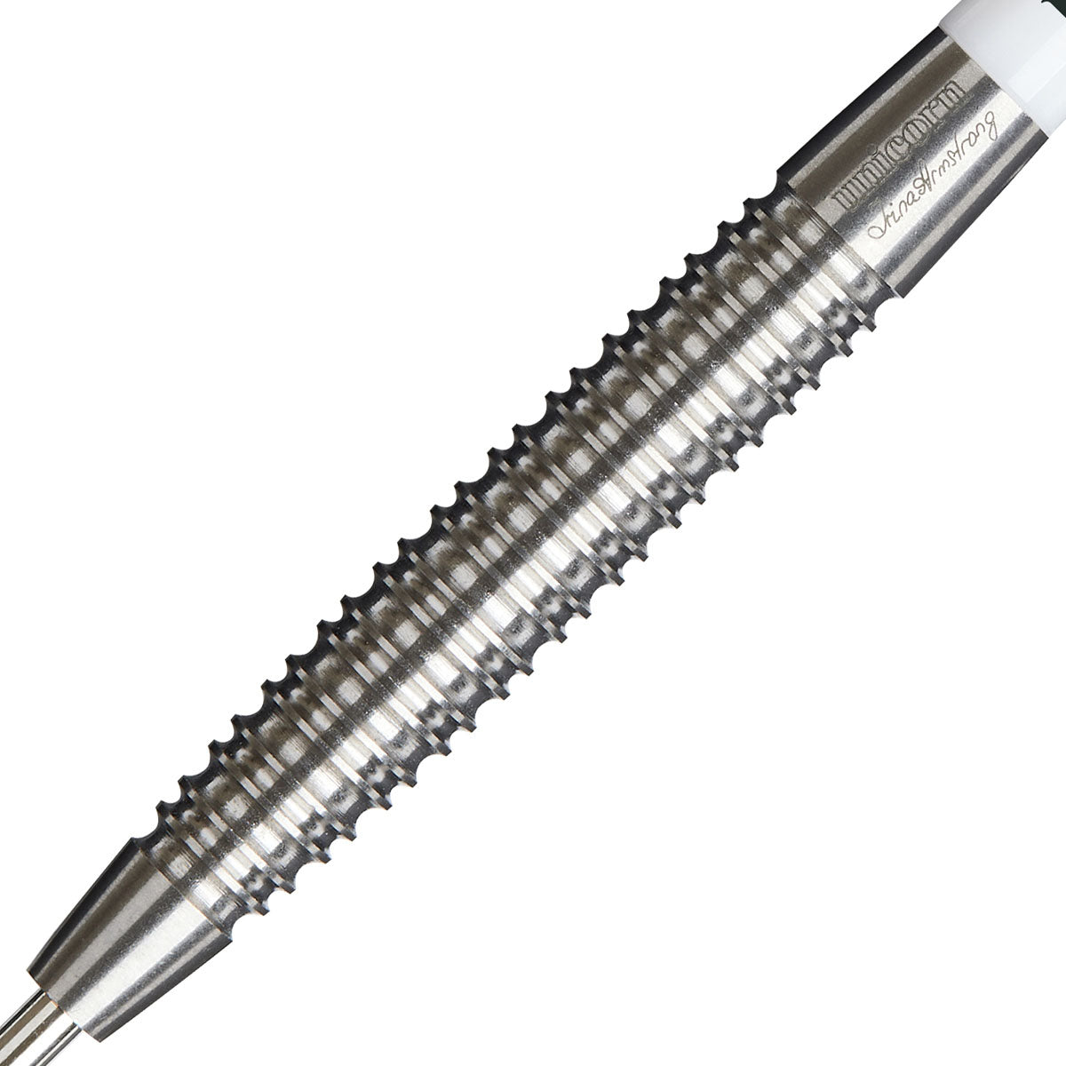 Irina Armstrong Steel Tip Darts close up image showing detailed grip patterns, machining, coating, and precision craftsmanship