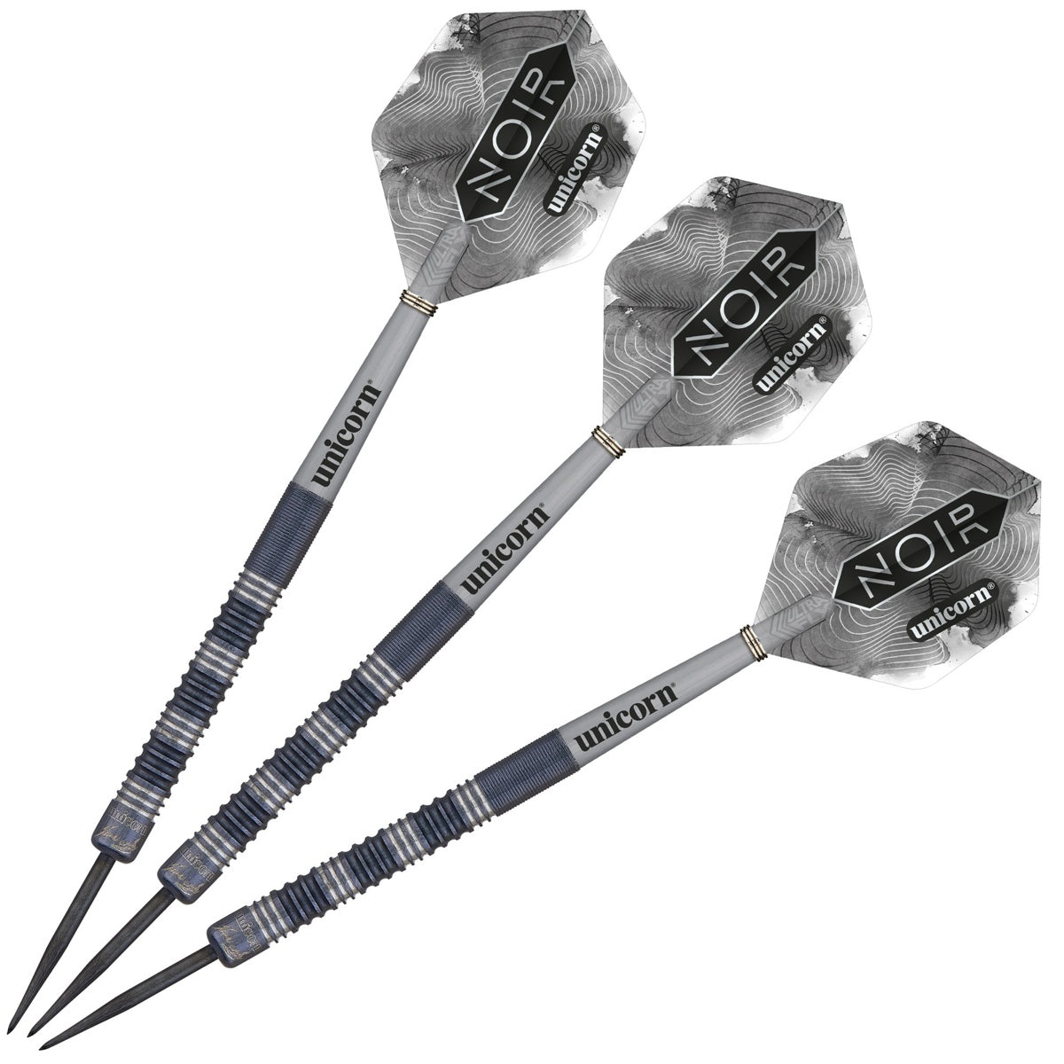 James Wade Noir Steel Tip Darts image showing the complete three dart set together highlighting barrel design consistency and styling