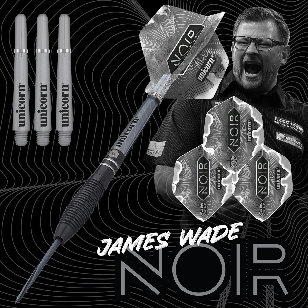 James Wade Noir Steel Tip Darts branded contents image displaying the darts and included accessories alongside Unicorn branding