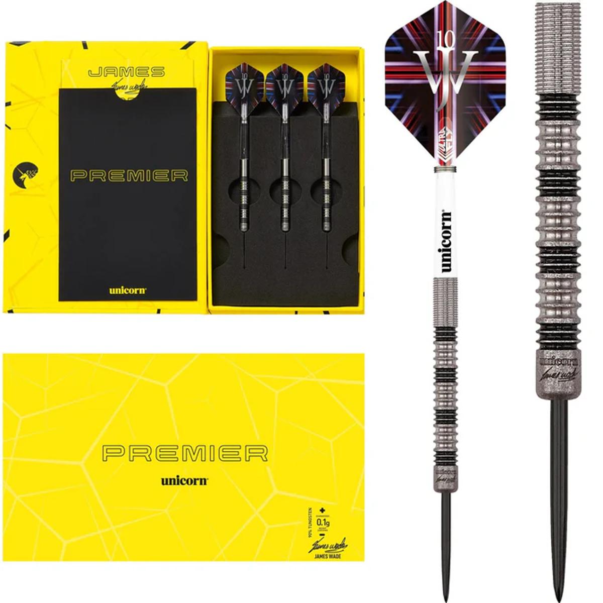 Unicorn James Wade Premier darts set with yellow packaging and full dart view