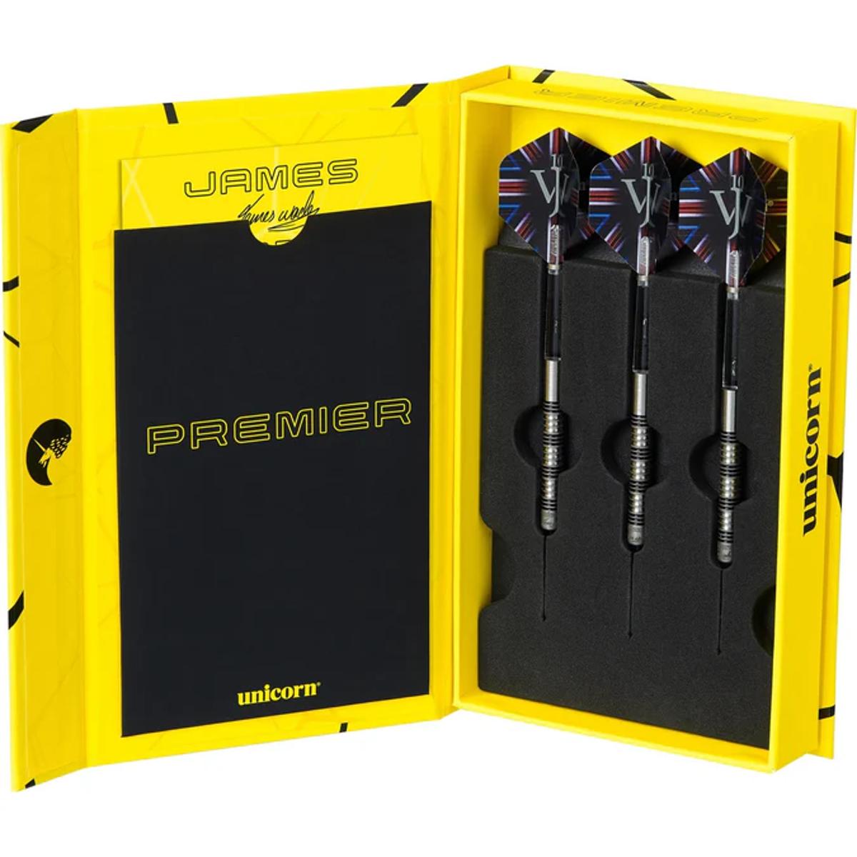 Unicorn James Wade Premier darts displayed in yellow collector box with custom foam insert