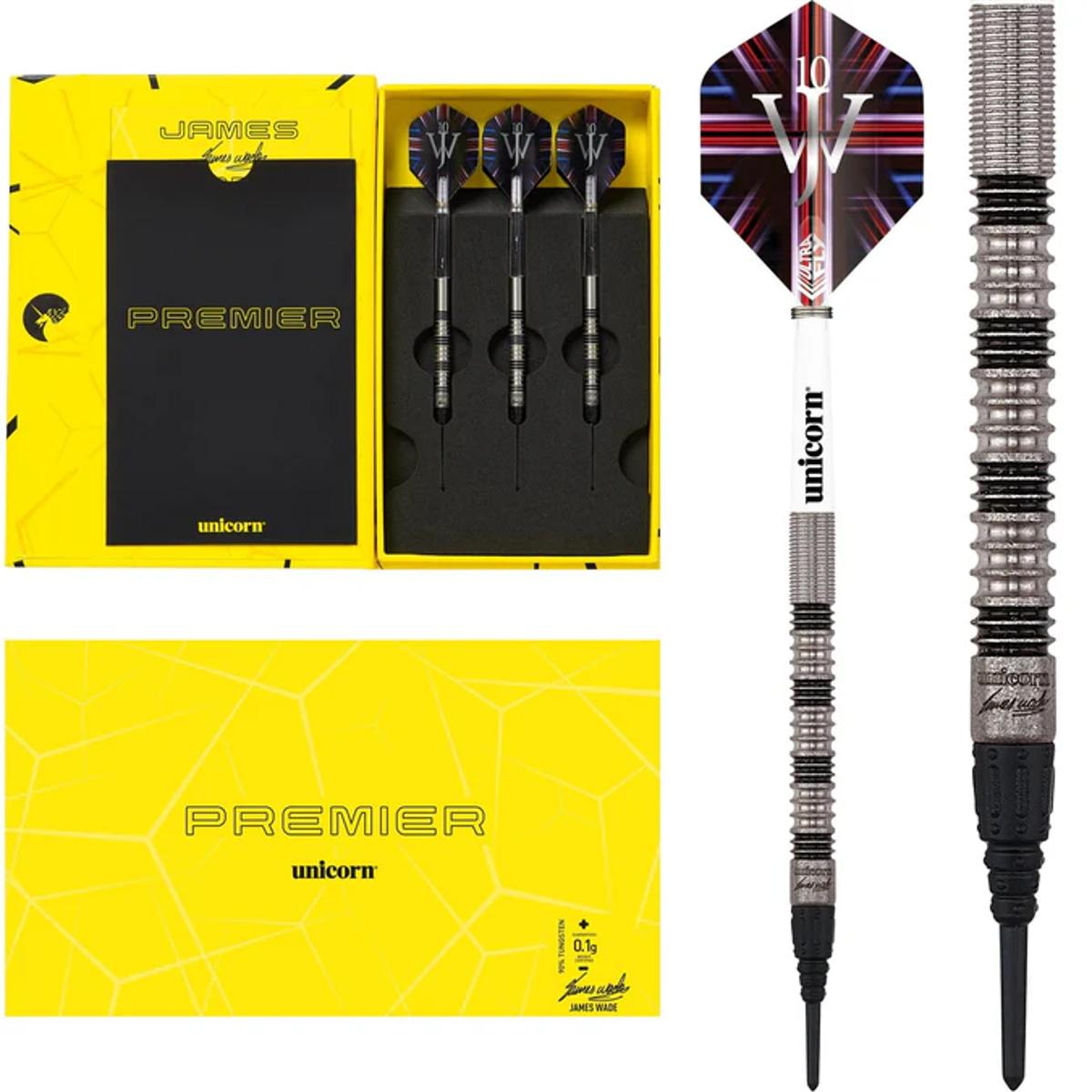 Unicorn James Wade Premier soft tip darts set with yellow box and full product display