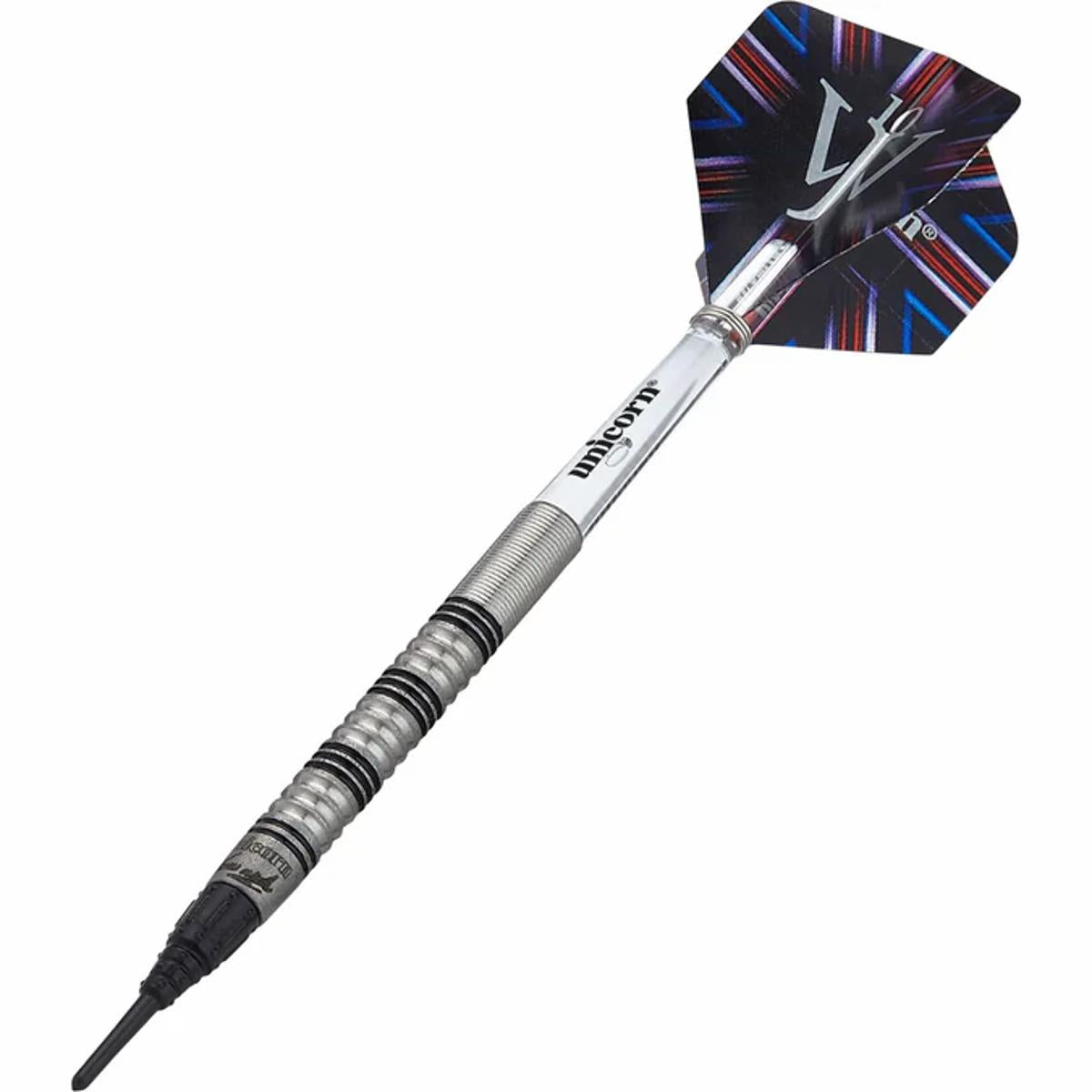 Side profile of James Wade Premier soft tip dart by Unicorn featuring silver and black grip
