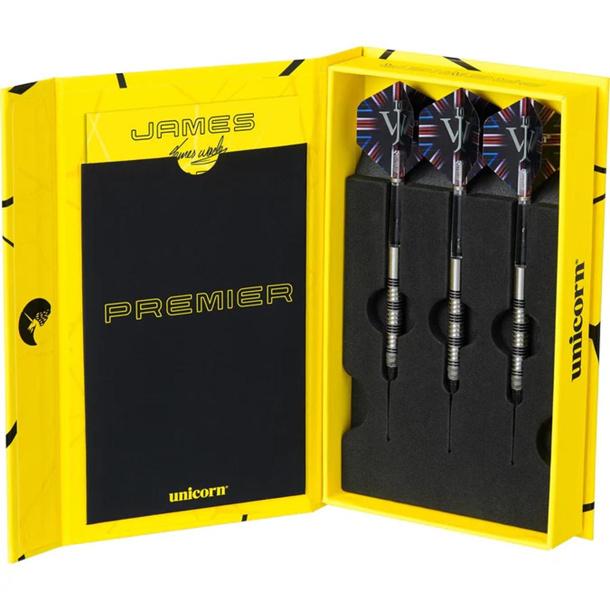 Premier soft tip darts by Unicorn in collector’s box with black foam insert and Union Jack flights