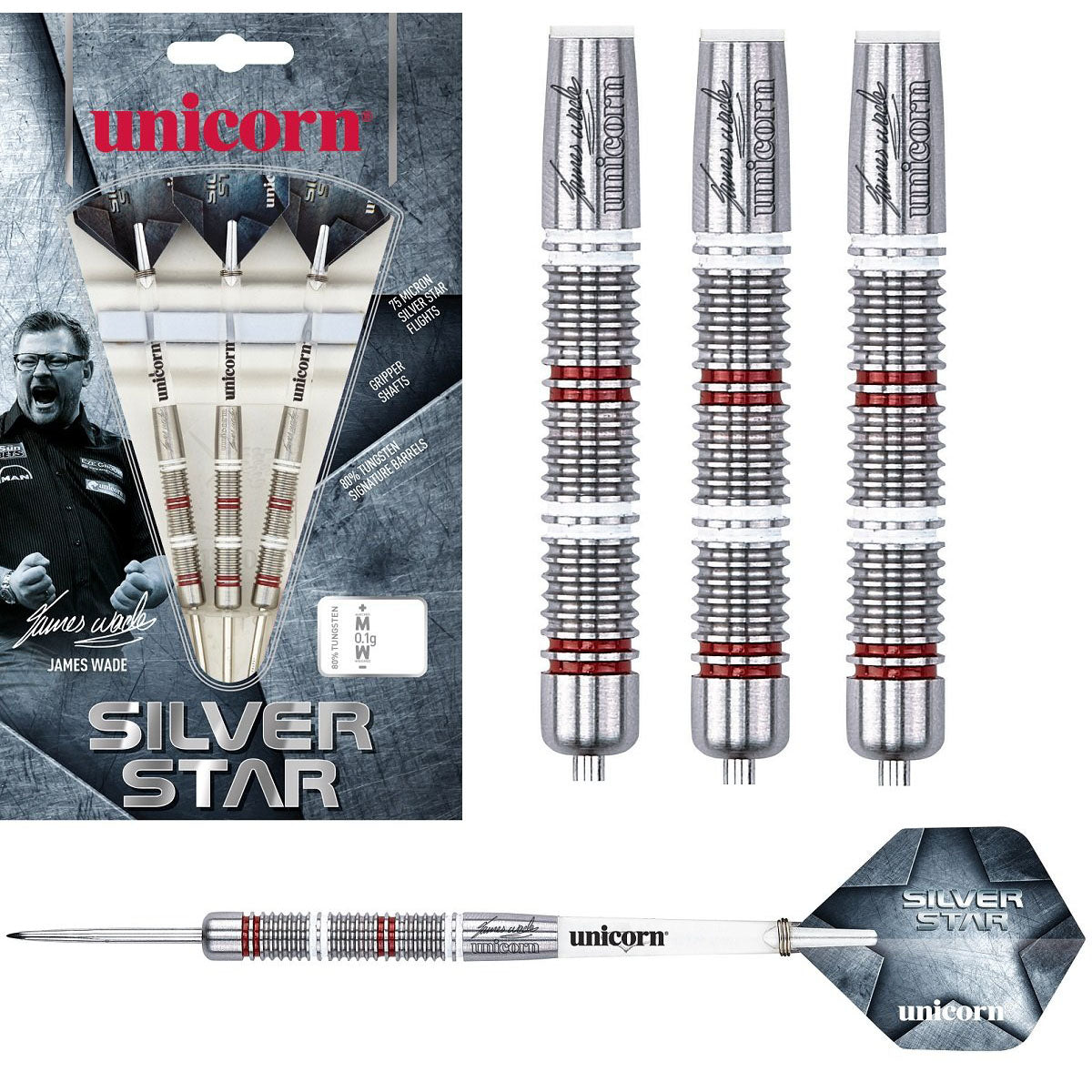 James Wade Silver Star Steel Tip Darts main product image showing the darts, packaging, flights, shafts, and included accessories
