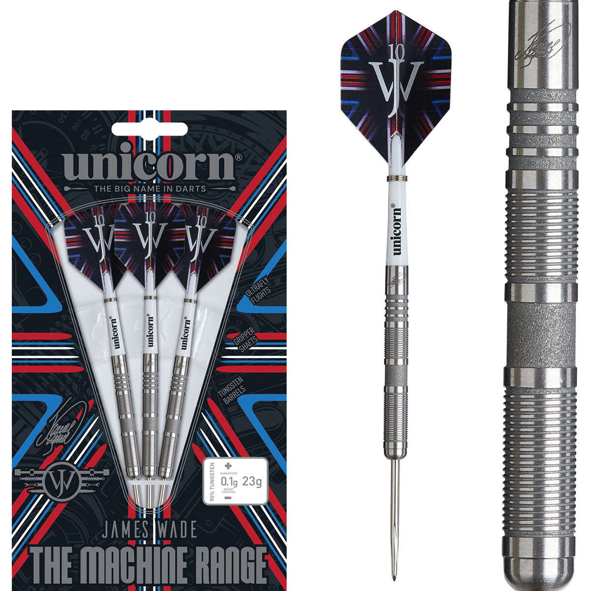 James Wade The Machine 04 Steel Tip Darts main product image showing the darts, packaging, flights, shafts, and included accessories