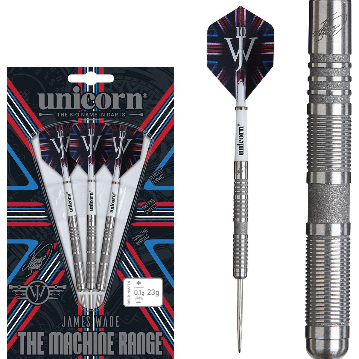 James Wade The Machine 04 Steel Tip Darts main product image showing the darts, packaging, flights, shafts, and included accessories