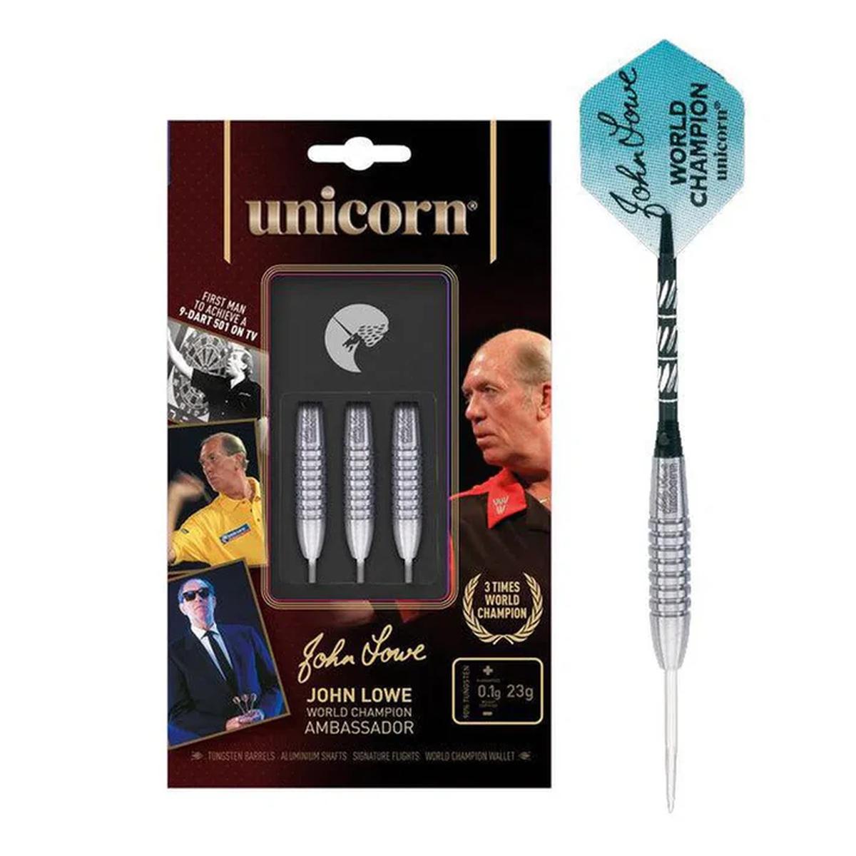 Unicorn John Lowe World Champion Ambassador darts set with packaging and a fully assembled dart.