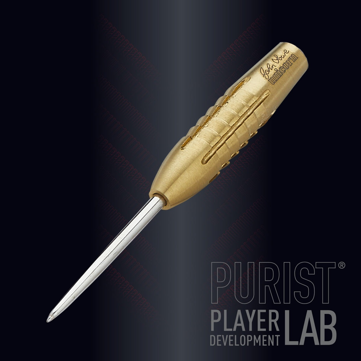 John Lowe Phase 2 Gold Shark Grip Purist Steel Tip Darts angled product image displaying the barrel profile, grip layout, and design features