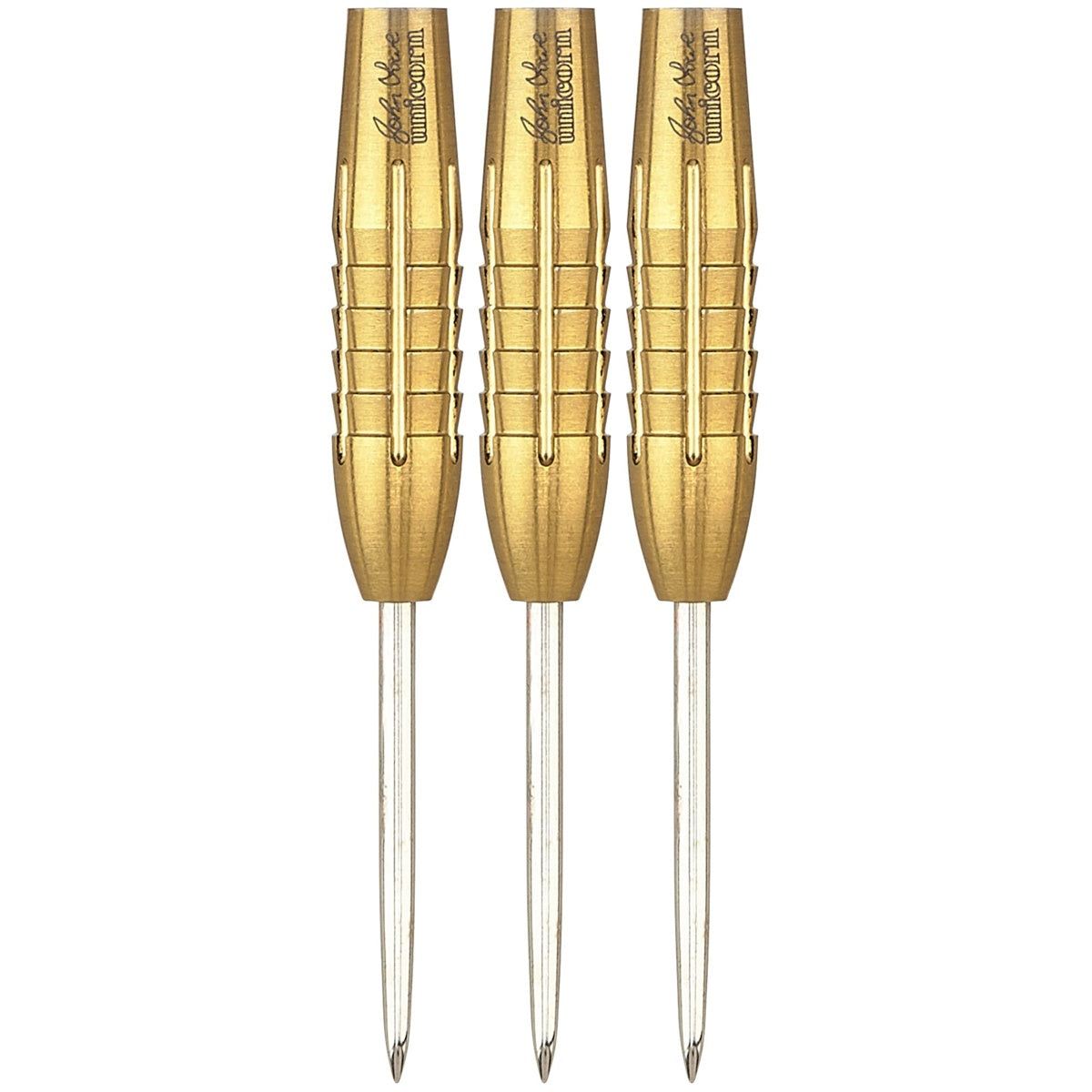 John Lowe Phase 2 Gold Shark Grip Purist Steel Tip Darts straight barrel profile image showing the full length design, grip positioning, and barrel geometry
