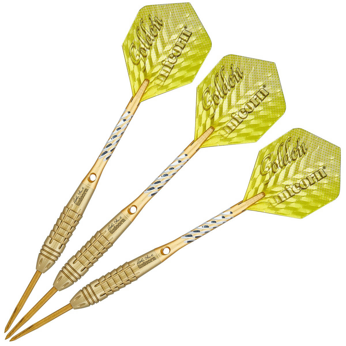 John Lowe Phase 3 World Champion Steel Tip Darts image showing the complete three dart set together highlighting barrel design consistency and styling