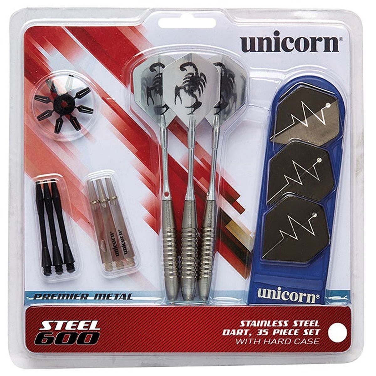 MM600 Steel Tip Darts main product image showing the darts, packaging, flights, shafts, and included accessories