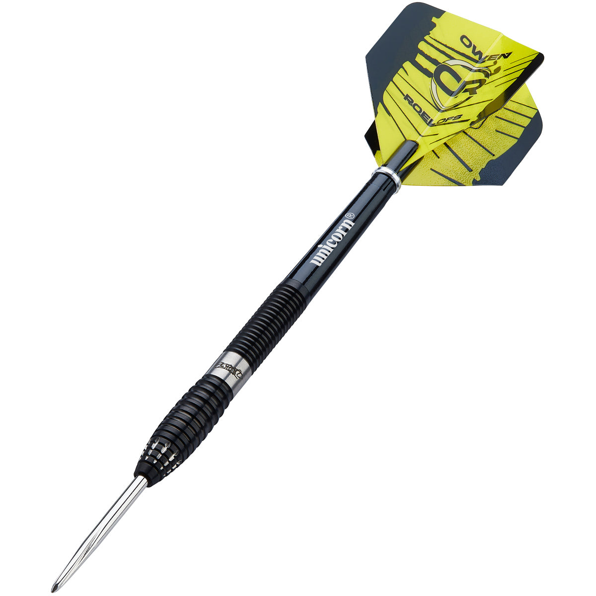 Owen Roelofs Steel Tip Darts angled product image displaying the barrel profile, grip layout, and design features
