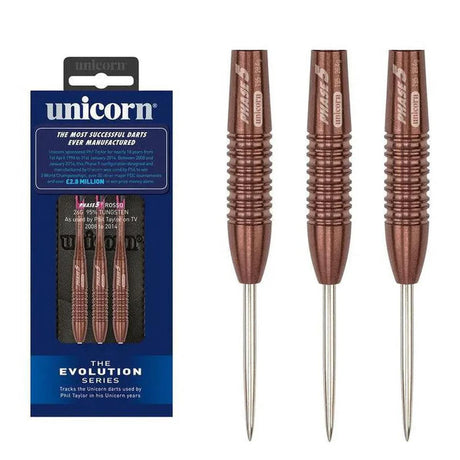 Unicorn Evolution Purist Phase 5 Rosso darts with retail packaging and three assembled barrels.