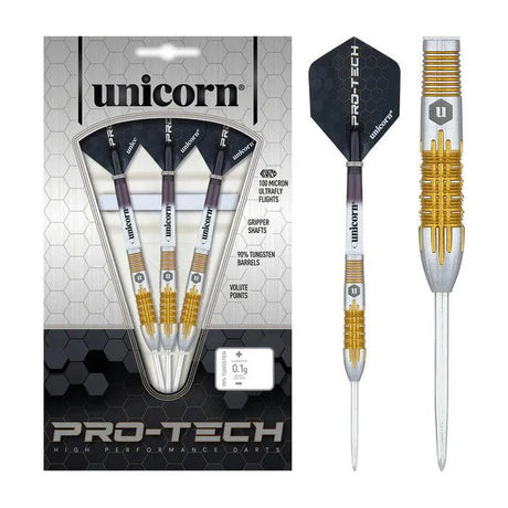 Unicorn Protech Style 1 dart set with 90% tungsten barrels, gripper shafts, and high-performance packaging.