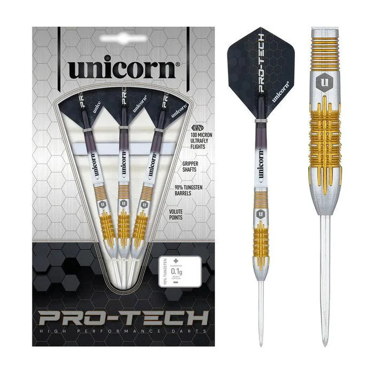 Unicorn Protech Style 1 dart set with 90% tungsten barrels, gripper shafts, and high-performance packaging.