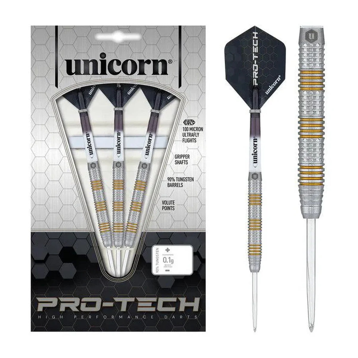 Unicorn Protech Style 3 dart set with 90% tungsten barrels, Ultrafly flights, and precision CNC-milled grip zones.