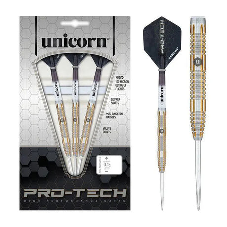 Unicorn Protech Style 4 dart set with 90% tungsten barrels, gold detailing, and Ultrafly flights – engineered for accuracy.