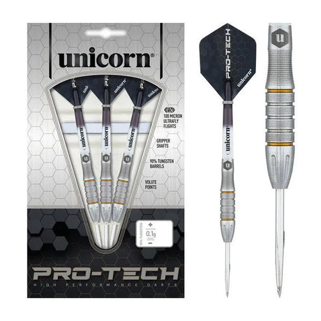 Unicorn Protech Style 5 dart set with 90% tungsten barrels, engineered grip, and stylish Ultrafly flights for optimal performance.