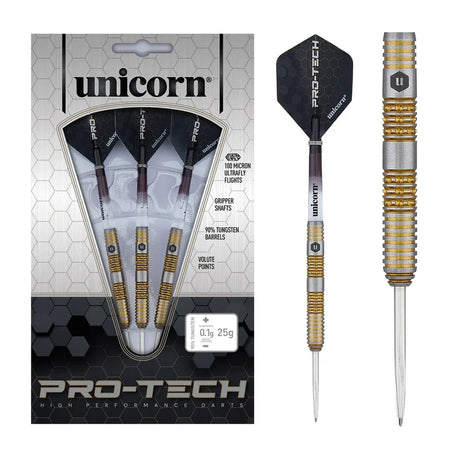 Unicorn Protech Style 6 dart set with 90% tungsten barrels, aggressive grip profile, and gold titanium detailing.
