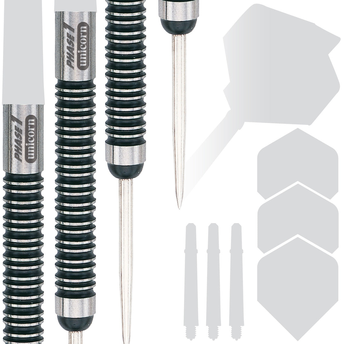 Purist Phase 1 Natural Steel Tip Darts contents image displaying everything included inside the package