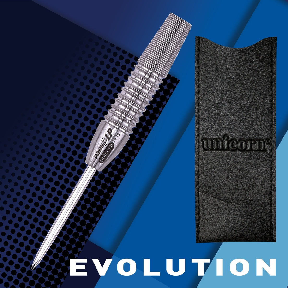 Purist Phase 5 LP Natural Steel Tip Darts branded contents image displaying the darts and included accessories alongside Unicorn branding