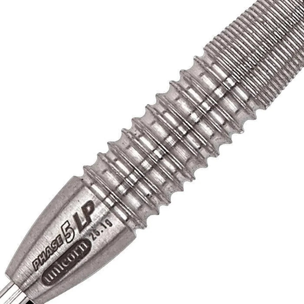 Purist Phase 5 LP Natural Steel Tip Darts close up image showing detailed grip patterns, machining, coating, and precision craftsmanship
