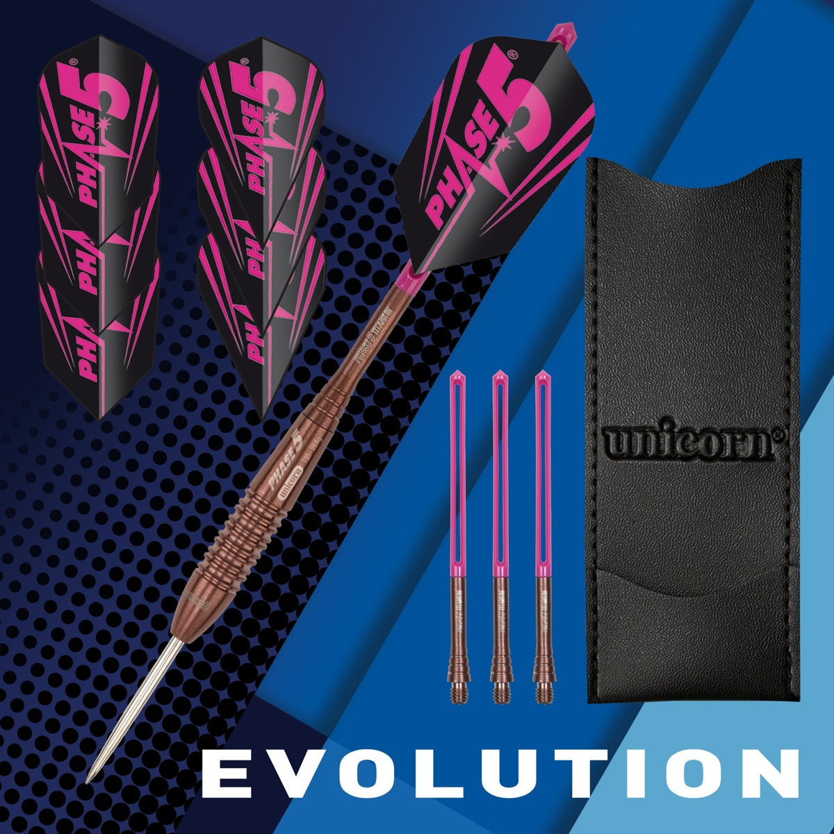 Purist Phase 5 Rosso Steel Tip Darts branded contents image displaying the darts and included accessories alongside Unicorn branding