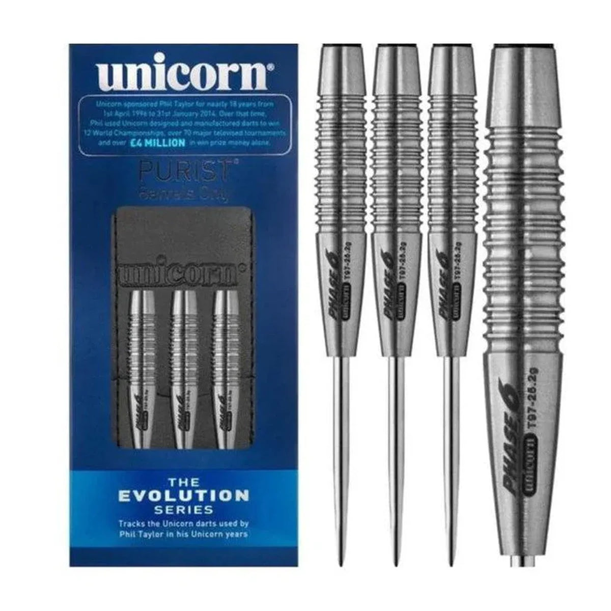 Purist Phase 6 Natural Steel Tip Darts main product image showing the darts, packaging, flights, shafts, and included accessories