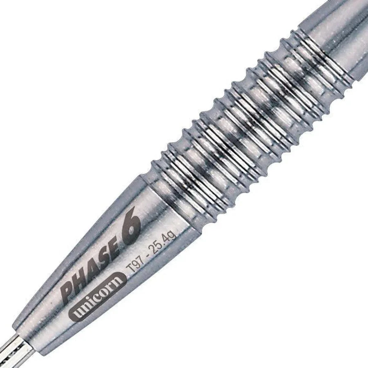 Purist Phase 6 Natural Steel Tip Darts close up image showing detailed grip patterns, machining, coating, and precision craftsmanship